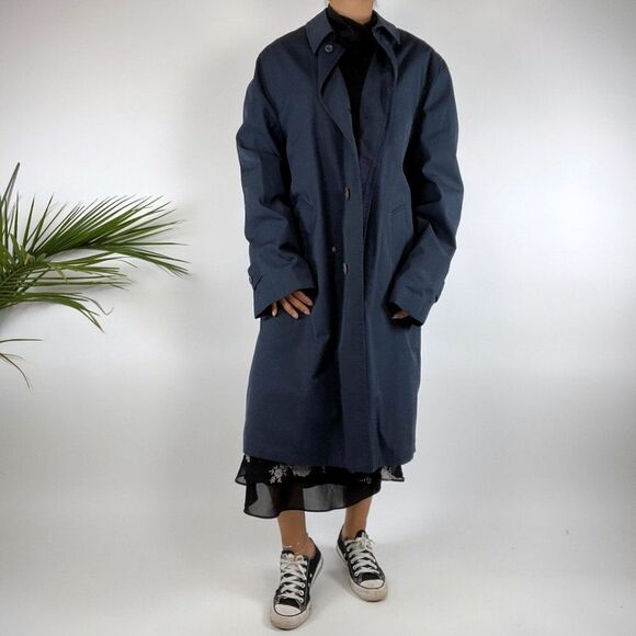 Vintage 90s Grunge Indie Navy Blue Streetwear Men's Trench Raincoat / Size: 38L - Picture 4 of 5